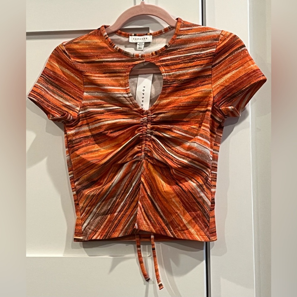 NWT Topshop Crinkle Ruched Tee in Orange Swirled Metallic - Size XS
